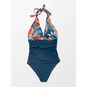 CUPSHE Women's One Piece Swimsuit Plunge Tropical Halter Bathing Suit with Adjustable Straps L Navy