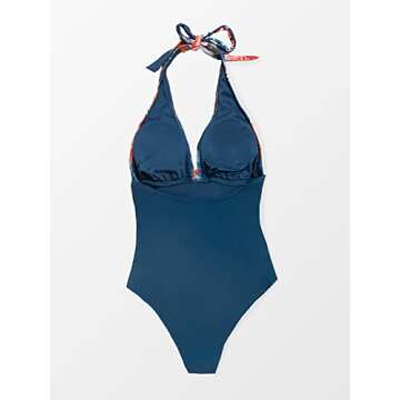 CUPSHE Women's One Piece Swimsuit Plunge Tropical Halter Bathing Suit with Adjustable Straps L Navy