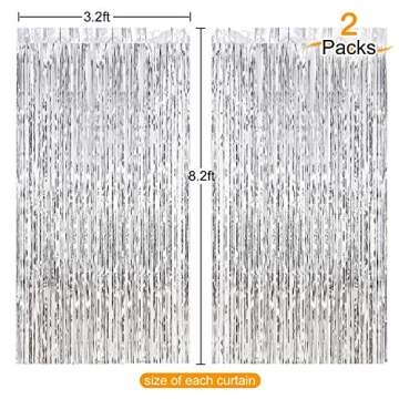 CHRORINE 2pcs 3ft x 8.3ft Silver Tinsel Foil Fringe Curtains Streamers Backdrop for Birthday Graduat...
