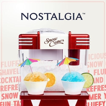Nostalgia Snow Cone Shaved Ice Machine - Retro Table-Top Slushie Machine Makes 20 Icy Treats - Includes 2 Reusable Plastic Cups & Ice Scoop - Retro Red