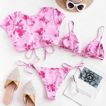 ZAFUL Women's String Swimsuit Tie Dye Halter Ribbed Polka Dot Bathing Suit Bikini Set