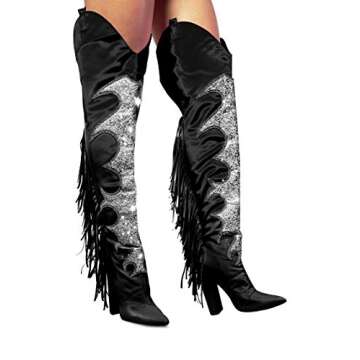 Cape Robbin Soraya Power Trip Fringe Western Thigh HIGH Boots- Black (Black, 7.5)
