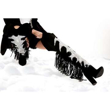 Cape Robbin Soraya Power Trip Fringe Western Thigh HIGH Boots- Black (Black, 7.5)