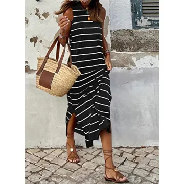 BLENCOT Women's Summer Sleeveless Striped Racerback Long Dress Casual Beach Maxi Tank Dresses