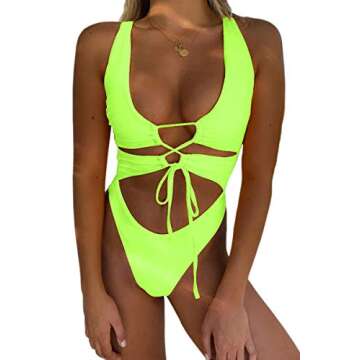 CHYRII Women's Sexy Cutout Lace Up Backless High Cut One Piece Bathing Suit Monokini Neon Green S