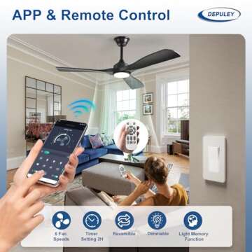 Depuley 52-Inch Ceiling Fan with Light: Black 3 Blade Outdoor Fans for Patios - Dimmable Indoor Fan with Remote APP Control Ultra Quiet DC Motor Reversible 6 Speed Timer