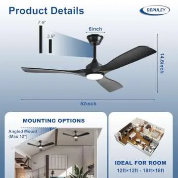 Depuley 52-Inch Ceiling Fan with Light: Black 3 Blade Outdoor Fans for Patios - Dimmable Indoor Fan with Remote APP Control Ultra Quiet DC Motor Reversible 6 Speed Timer