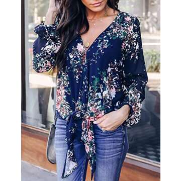 CICIDES Womens Floral Print Blouses Tie Front V Neck Long Batwing Sleeve Female Casual Plus Size 2019 Plain Summer Loose Fit Tops and Henley Shirts Blue US8-10 Medium