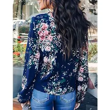 CICIDES Womens Floral Print Blouses Tie Front V Neck Long Batwing Sleeve Female Casual Plus Size 2019 Plain Summer Loose Fit Tops and Henley Shirts Blue US8-10 Medium