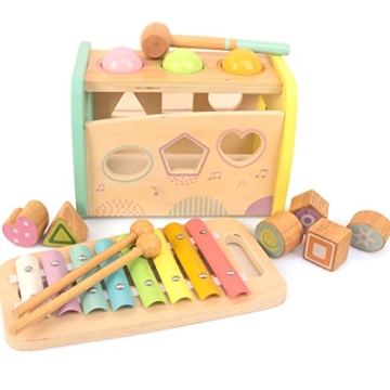 WOODENFUN Hammering Pounding Toys Wooden Educational Toy Xylophone Shape Sorter, Birthday Gift for 1...