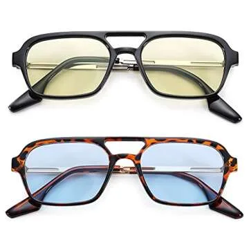 Vintage Retro 70s Aviator Sunglasses for Women Men Classic Square Shades UV Protection (Black/Green Lens +Leopard Blue Lens)