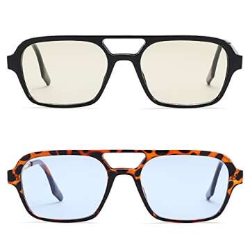 Vintage Retro 70s Aviator Sunglasses for Women Men Classic Square Shades UV Protection (Black/Green Lens +Leopard Blue Lens)