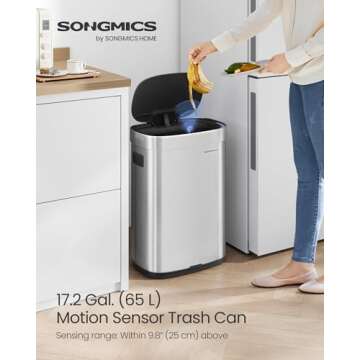 SONGMICS Kitchen Trash Can, 17.2-Gallon (65 L) Motion Sensor Garbage Can, Stainless Steel Trash Bin,...
