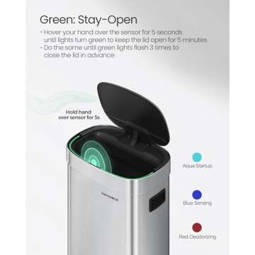 SONGMICS Kitchen Trash Can, 17.2-Gallon (65 L) Motion Sensor Garbage Can, Stainless Steel Trash Bin, Ozone Odor Control, Stay-Open, Metallic Silver ULTB660E01