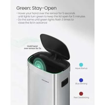 SONGMICS Kitchen Trash Can, 17.2-Gallon (65 L) Motion Sensor Garbage Can, Stainless Steel Trash Bin, Ozone Odor Control, Stay-Open, Metallic Silver ULTB660E01