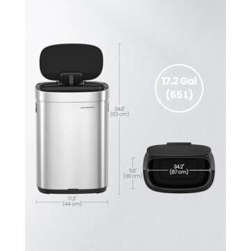 SONGMICS Kitchen Trash Can, 17.2-Gallon (65 L) Motion Sensor Garbage Can, Stainless Steel Trash Bin, Ozone Odor Control, Stay-Open, Metallic Silver ULTB660E01