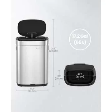 SONGMICS Kitchen Trash Can, 17.2-Gallon (65 L) Motion Sensor Garbage Can, Stainless Steel Trash Bin, Ozone Odor Control, Stay-Open, Metallic Silver ULTB660E01