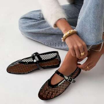 MICIFA Women's Mesh Ballet Flats Ballerina Fishnet Flats Buckle Mary Jane Flats Causal Daily Dress Shoes