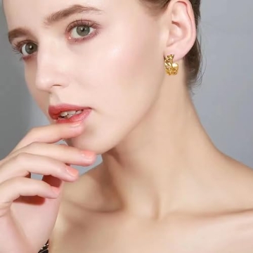 JDONL Gold Hammered Chunky Earrings for Women Geometric Rectangle Drop Dangle Statement Earrings Trendy Half Open Hoop Earrings Jewelry Gifts (C)