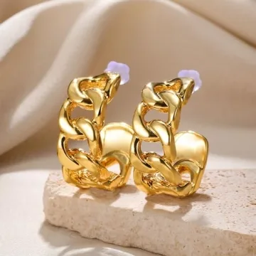 JDONL Gold Hammered Chunky Earrings for Women Geometric Rectangle Drop Dangle Statement Earrings Trendy Half Open Hoop Earrings Jewelry Gifts (C)