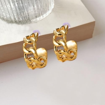 JDONL Gold Hammered Chunky Earrings for Women Geometric Rectangle Drop Dangle Statement Earrings Trendy Half Open Hoop Earrings Jewelry Gifts (C)