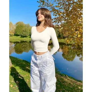 OQQ Womens Shirts Ruched Long Sleeve V Neck Basic Spring Crop Tops Stretch Fall Fashion Tee Shirts Beige