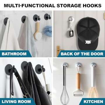 Aenfaiy Towel Hooks for Bathroom (4 Pack) Adhesive Towel Hook Shower Hooks for Inside Shower - Sticky Bathroom Wall Hooks for Hanging Towels, Robe, Loofah, Bath Sponge - Matte Black Towel Hooks