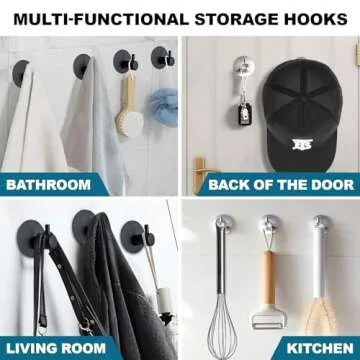 Aenfaiy Towel Hooks for Bathroom (4 Pack) Adhesive Towel Hook Shower Hooks for Inside Shower - Sticky Bathroom Wall Hooks for Hanging Towels, Robe, Loofah, Bath Sponge - Matte Black Towel Hooks