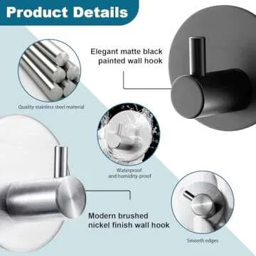 Aenfaiy Towel Hooks for Bathroom (4 Pack) Adhesive Towel Hook Shower Hooks for Inside Shower - Sticky Bathroom Wall Hooks for Hanging Towels, Robe, Loofah, Bath Sponge - Matte Black Towel Hooks