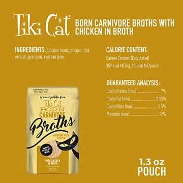 Tiki Cat Born Carnivore Broths, Chicken Recipe, Hydration and Flavor Supplement Cat Food Topper, 1.3 oz. Pouch (Pack of 12)