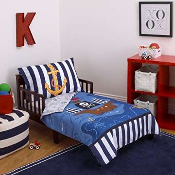 Little Tikes 4 Piece Pirates Toddler Bedding Set, Blue/Red/Black, 52"x28"