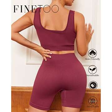 FINETOO Workout Sets for Women 4 Pieces Ribbed Crop Tank Shorts Active Gym Exercise matching athletic sets High Waisted Sports Yoga Outfit S-L (XS)