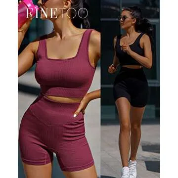 FINETOO Workout Sets for Women 4 Pieces Ribbed Crop Tank Shorts Active Gym Exercise matching athletic sets High Waisted Sports Yoga Outfit S-L (XS)