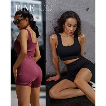 FINETOO Workout Sets for Women 4 Pieces Ribbed Crop Tank Shorts Active Gym Exercise matching athletic sets High Waisted Sports Yoga Outfit S-L (XS)