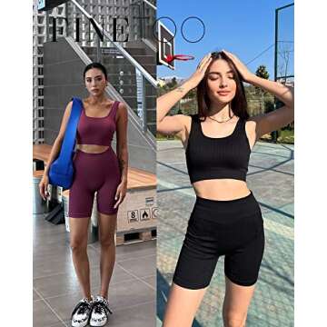 FINETOO Workout Sets for Women 4 Pieces Ribbed Crop Tank Shorts Active Gym Exercise matching athletic sets High Waisted Sports Yoga Outfit S-L (XS)