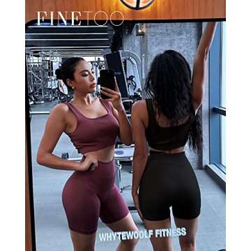 FINETOO Workout Sets for Women 4 Pieces Ribbed Crop Tank Shorts Active Gym Exercise matching athletic sets High Waisted Sports Yoga Outfit S-L (XS)