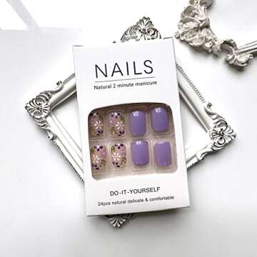 Flower Press on Nails Short Square Fake Nails Light Purple Acrylic Nails Full Cover False Nails with Purple White Flowers Designs Glossy Round Head Shaped Spring Summer Glue on Nails for Women Girls