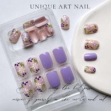 Flower Press on Nails Short Square Fake Nails Light Purple Acrylic Nails Full Cover False Nails with Purple White Flowers Designs Glossy Round Head Shaped Spring Summer Glue on Nails for Women Girls