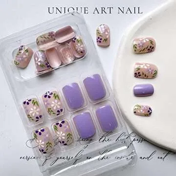 Flower Press on Nails Short Square Fake Nails Light Purple Acrylic Nails Full Cover False Nails with Purple White Flowers Designs Glossy Round Head Shaped Spring Summer Glue on Nails for Women Girls