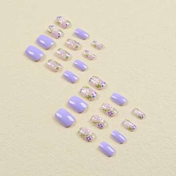 Flower Press on Nails Short Square Fake Nails Light Purple Acrylic Nails Full Cover False Nails with Purple White Flowers Designs Glossy Round Head Shaped Spring Summer Glue on Nails for Women Girls