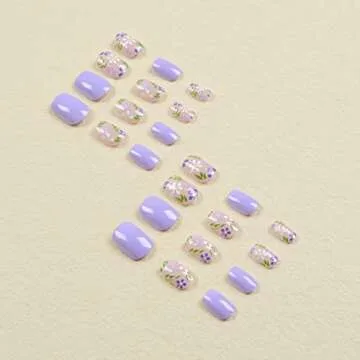 Flower Press on Nails Short Square Fake Nails Light Purple Acrylic Nails Full Cover False Nails with Purple White Flowers Designs Glossy Round Head Shaped Spring Summer Glue on Nails for Women Girls