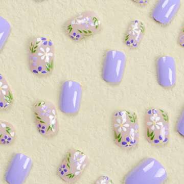 Flower Press on Nails Short Square Fake Nails Light Purple Acrylic Nails Full Cover False Nails with Purple White Flowers Designs Glossy Round Head Shaped Spring Summer Glue on Nails for Women Girls