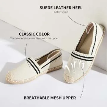 BABUDOG Womens Espadrilles Breathable Flats Shoes Mesh Slip on Loafers Soft White Flats(Beige.US5)