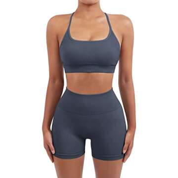 SUUKSESS Women Seamless 2 piece Workout Sets Strappy Padded Sports Bra Booty High Waisted Shorts Outfits (Blue,M)