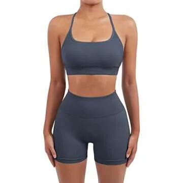 SUUKSESS Women Seamless 2 piece Workout Sets Strappy Padded Sports Bra Booty High Waisted Shorts Outfits (Blue,M)