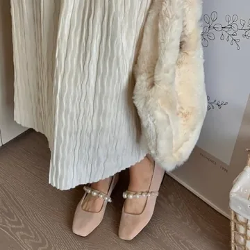 Dumjey Flats, Flats for Women, Square Toe Mary Jane Ballet Flats with Pearl Strap Comfortable Slip on for Wedding Bride Party - Nude 7