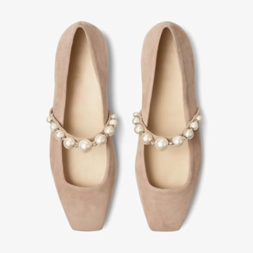 Dumjey Flats, Flats for Women, Square Toe Mary Jane Ballet Flats with Pearl Strap Comfortable Slip on for Wedding Bride Party - Nude 7