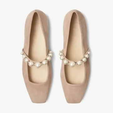 Dumjey Flats, Flats for Women, Square Toe Mary Jane Ballet Flats with Pearl Strap Comfortable Slip on for Wedding Bride Party - Nude 7