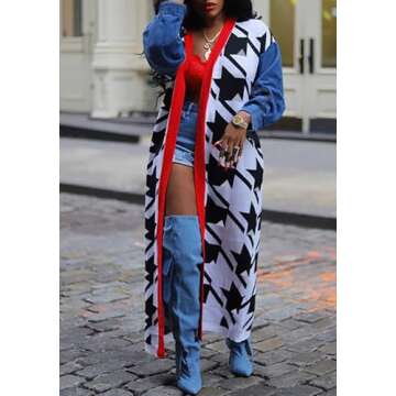 Kwunbwa Women's Long Cardigan Sweaters Long Sleeve Houndstooth Open Front Casual Loose Knit Outerwear Coats Black White