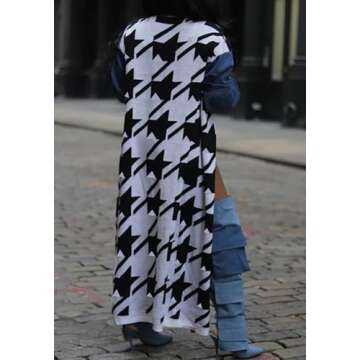 Kwunbwa Women's Long Cardigan Sweaters Long Sleeve Houndstooth Open Front Casual Loose Knit Outerwear Coats Black White